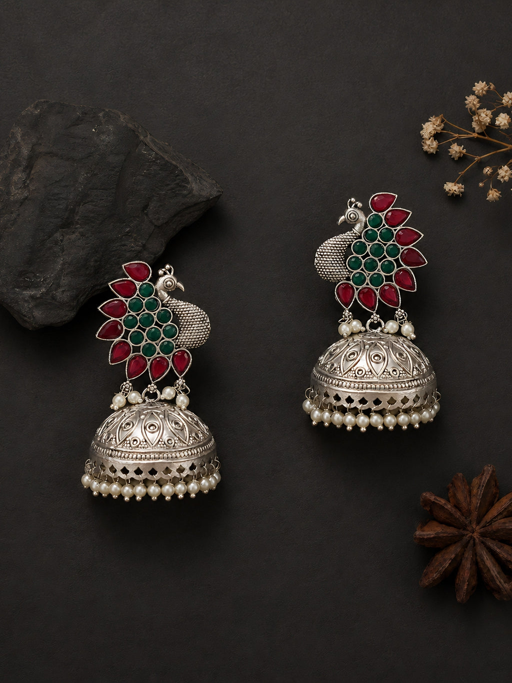 Silver Finish Peacock Jhumka Earrings