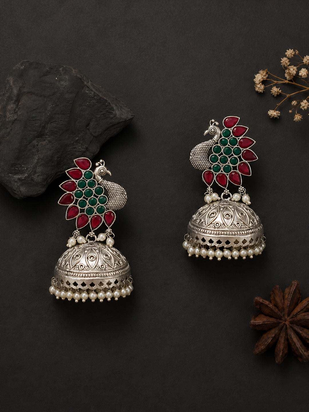 Silver Finish Peacock Jhumka Earrings