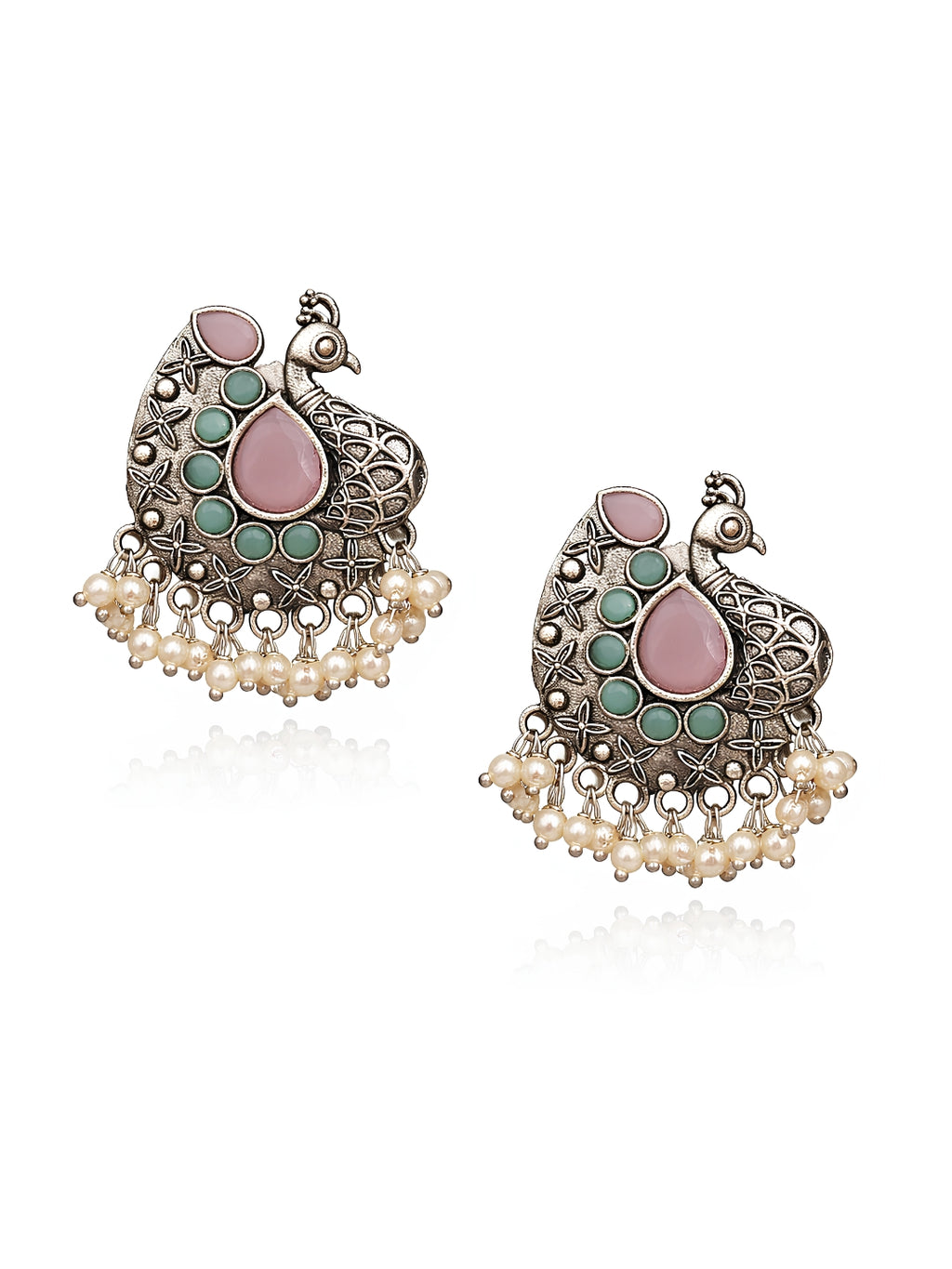 Pink Peacock Pearl Drop Silver finish Studs