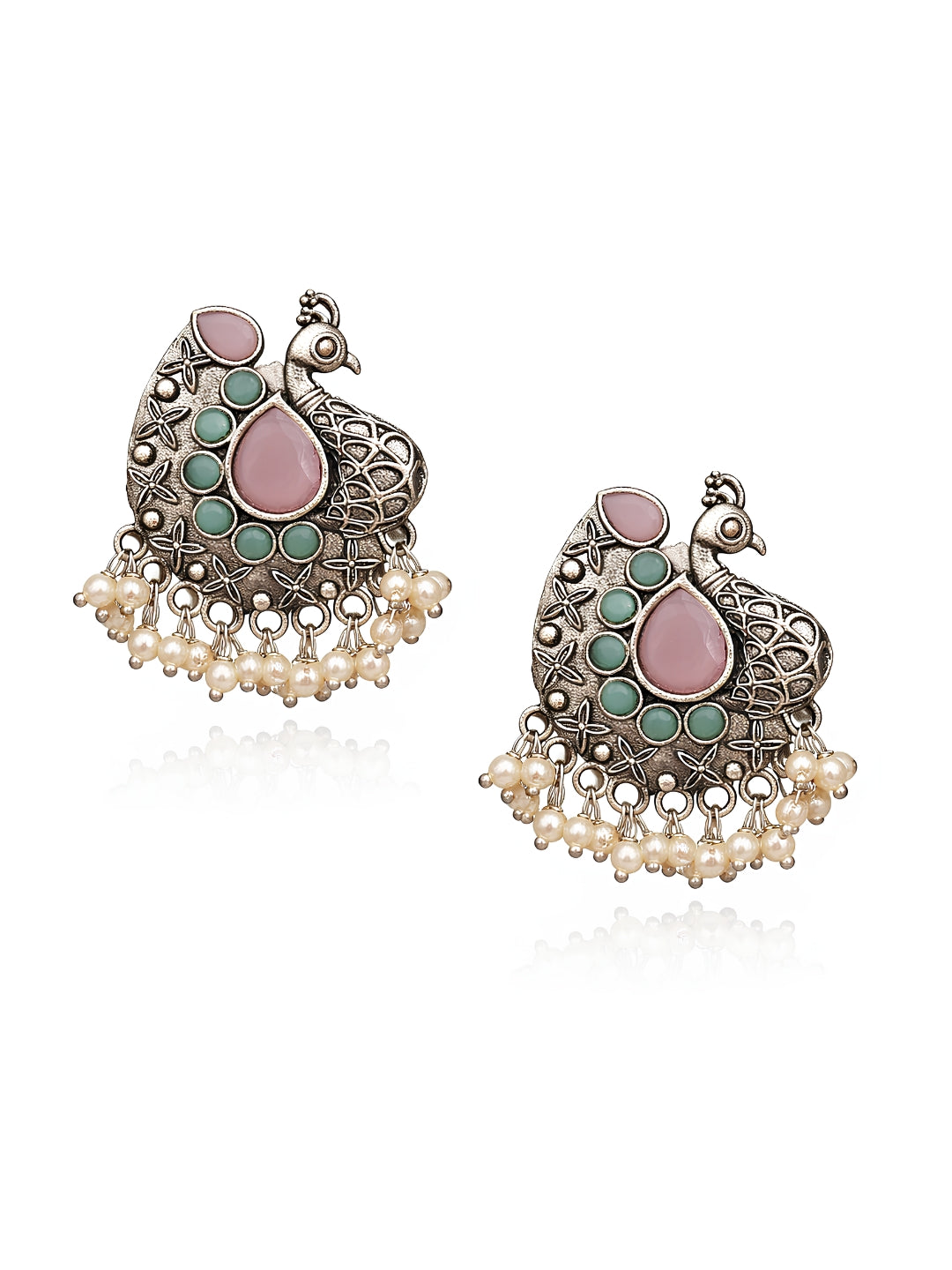 Pink Peacock Pearl Drop Silver finish Studs