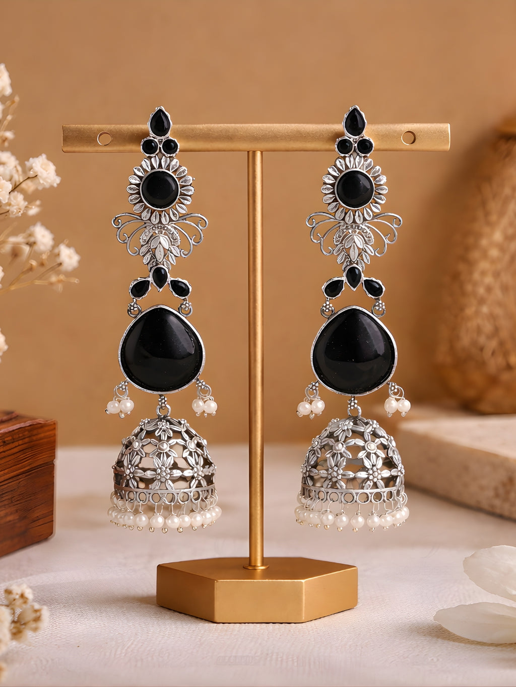 Silver tone finish Black Stone Layered Jhumki Dangler