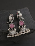 Pink Peacock Silver-Finish Jhumka Earrings