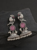 Pink Peacock Silver-Finish Jhumka Earrings