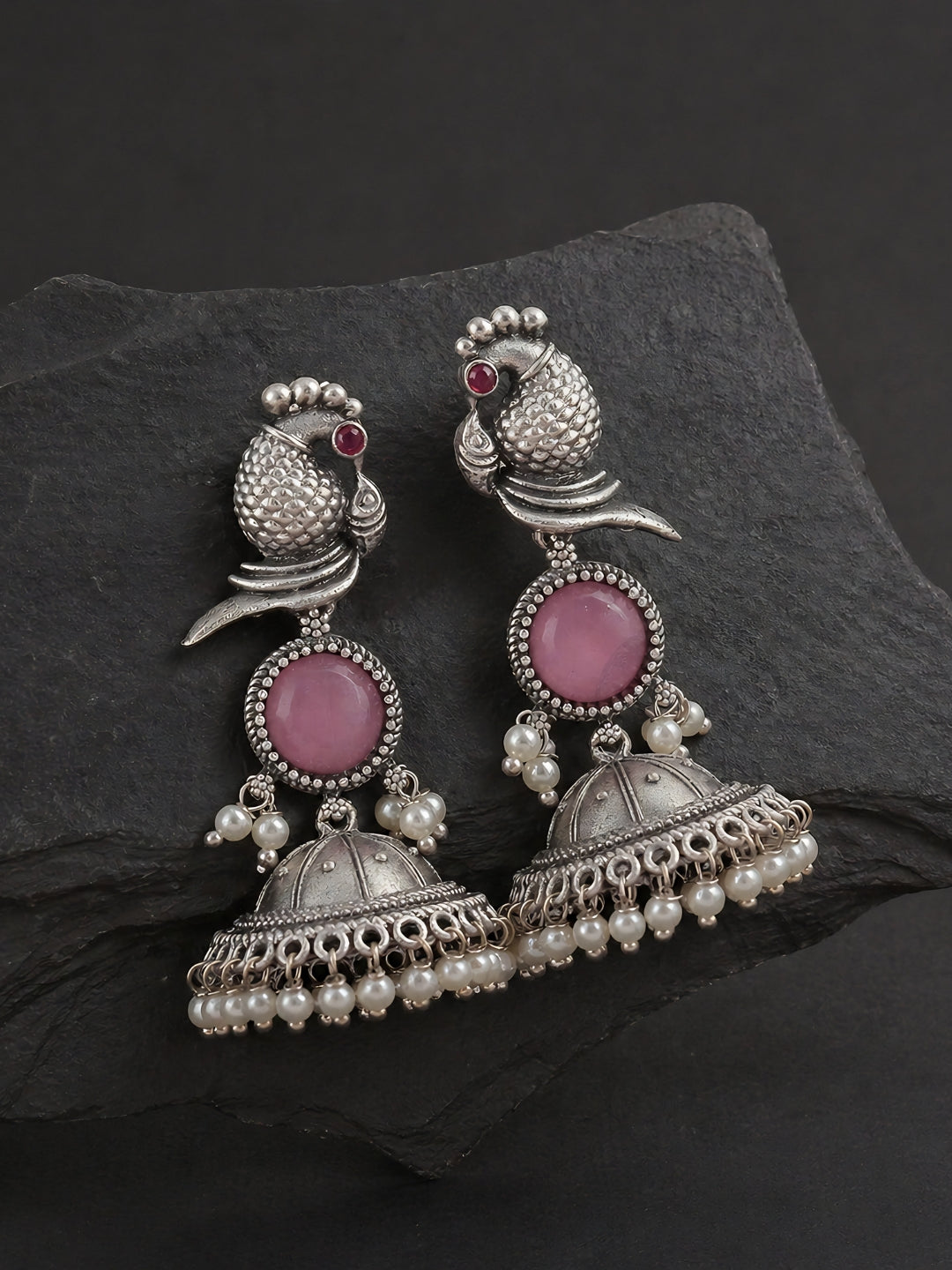 Pink Peacock Silver-Finish Jhumka Earrings