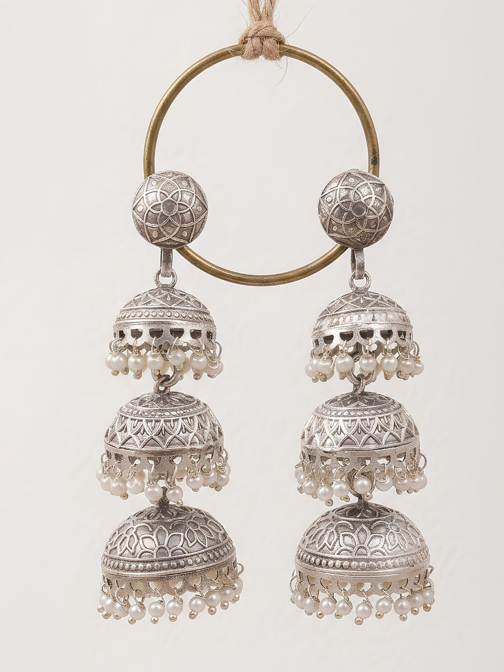 Vintage Layered Jhumki Earrings — Oxidised Silver Finish