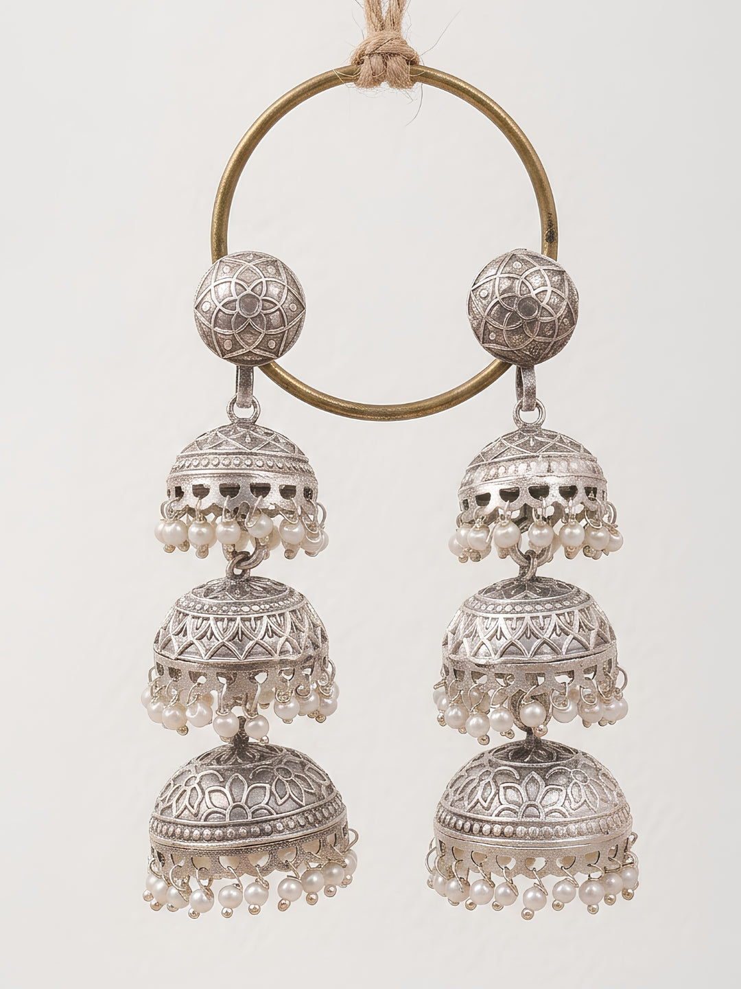 Vintage Layered Jhumki Earrings — Oxidised Silver Finish