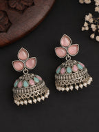Pink Turquoise Jhumka Silver Finish Earrings