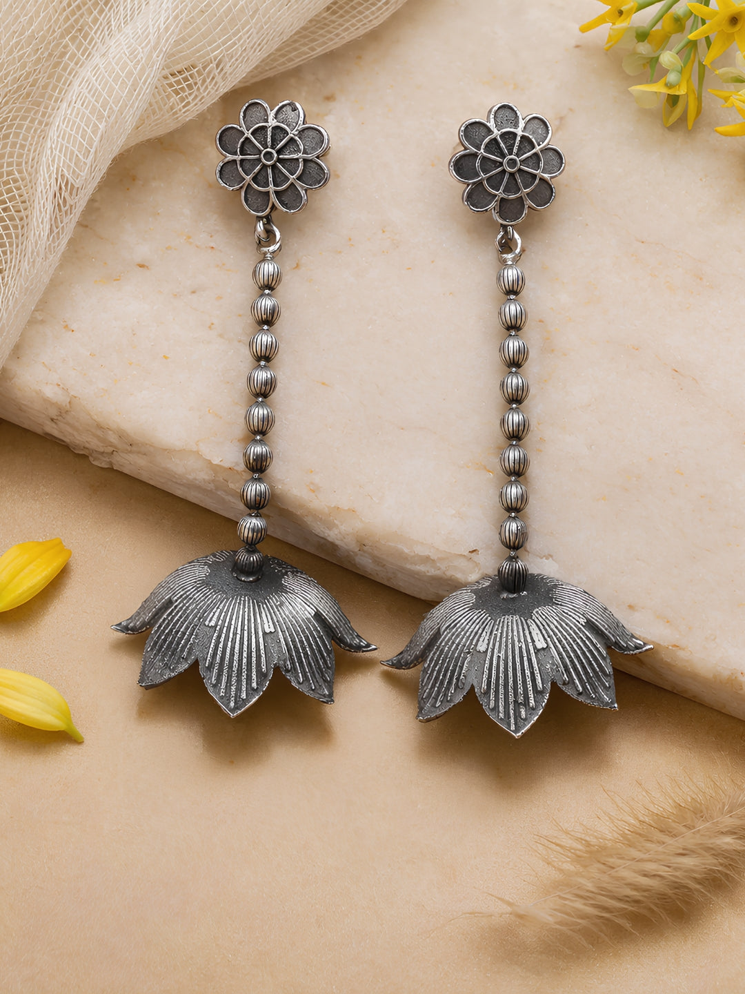 Floral Drop Silver tone Jhumki Earrings
