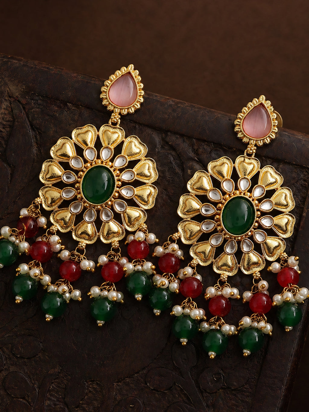 Gold Finish Green Red Floral Dangler Earrings