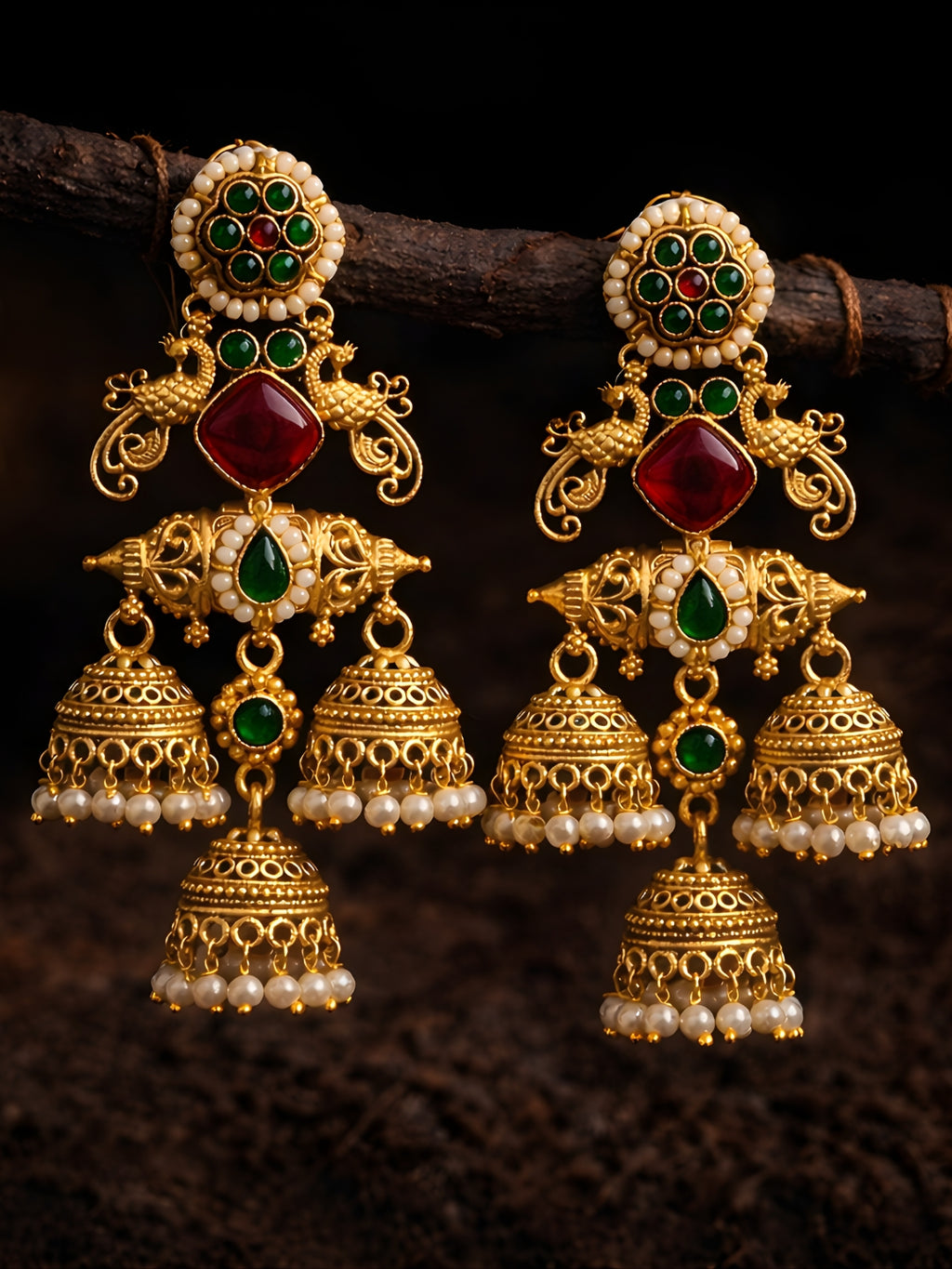 Red Green Temple Layered Jhumki Dangler