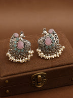 Pink Peacock Pearl Drop Silver finish Studs