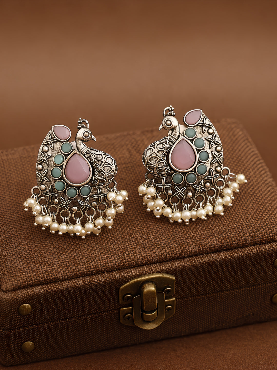 Pink Peacock Pearl Drop Silver finish Studs