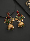 Traditional Green Red Jhumki Earrings Gold Finish