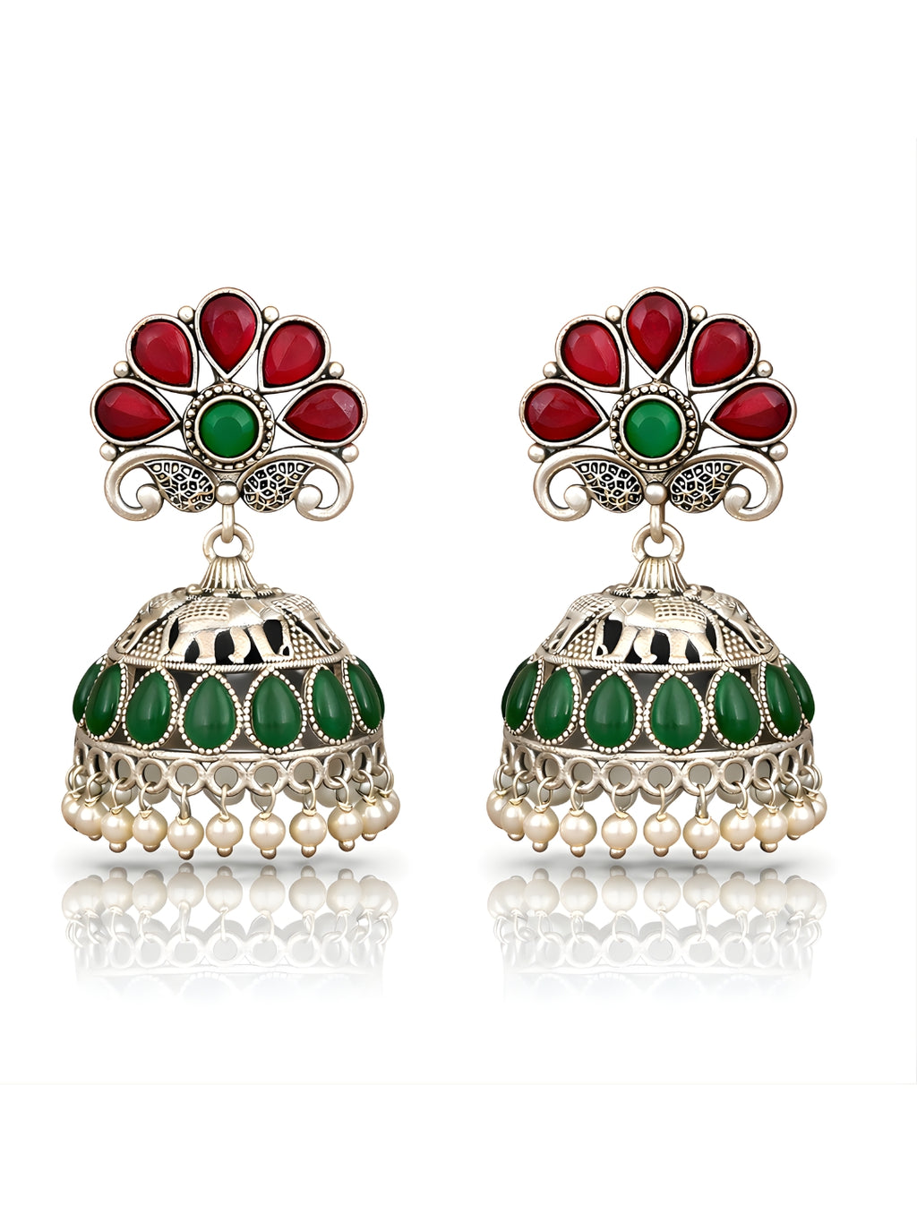 Silver Finish Elephant Red Green Jhumki Earrings