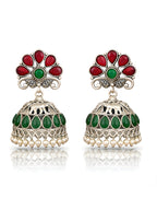 Silver Finish Elephant Red Green Jhumki Earrings