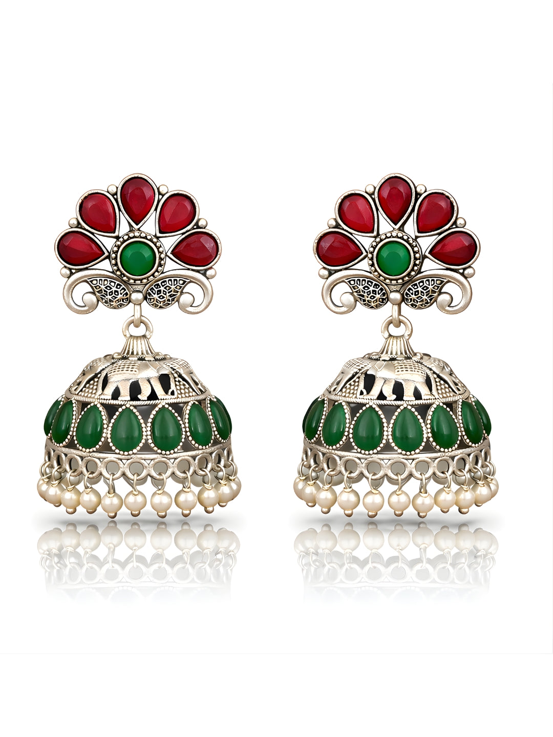 Silver Finish Elephant Red Green Jhumki Earrings