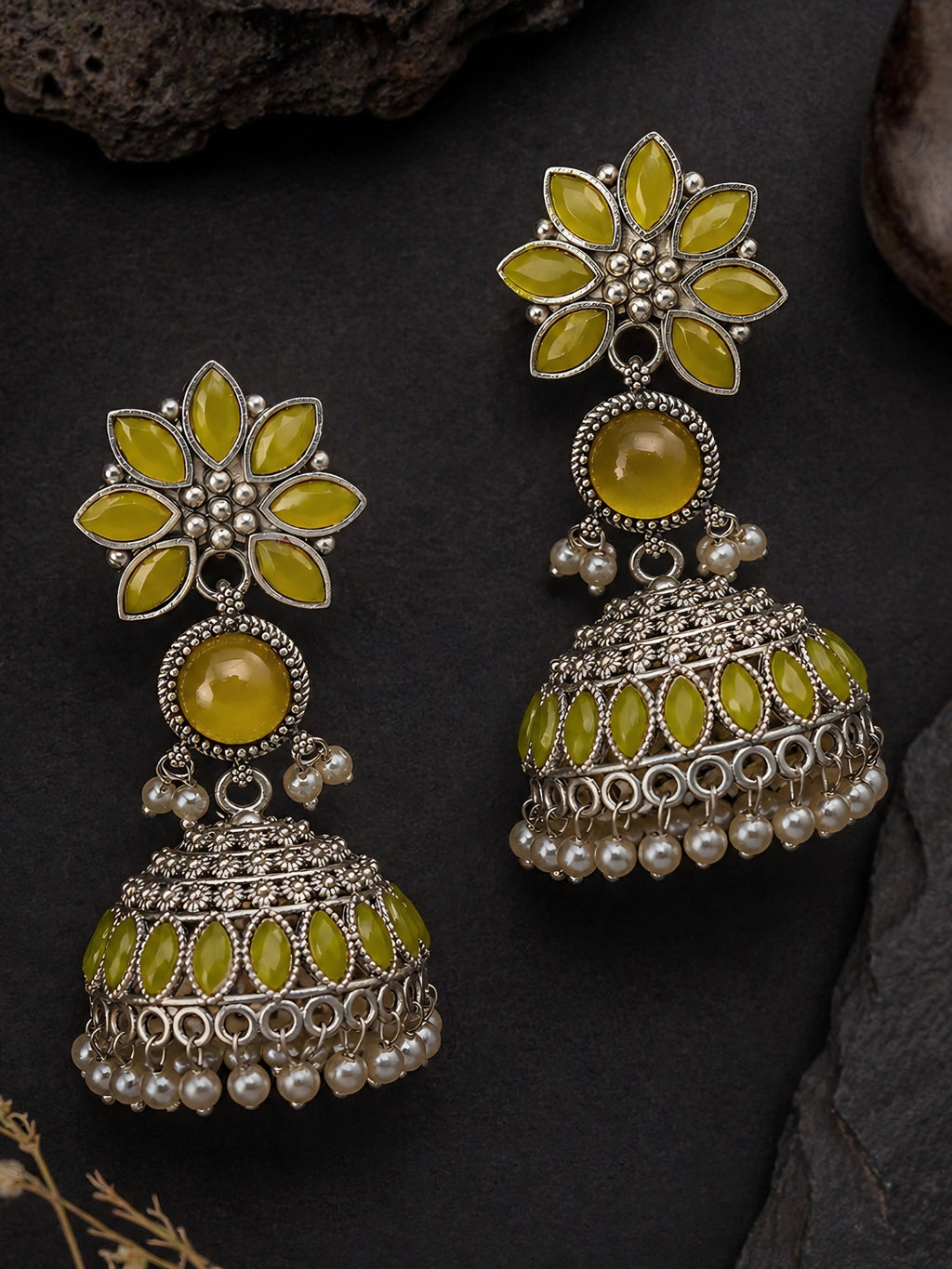 Yellow Floral Silver finish Jhumki Earrings