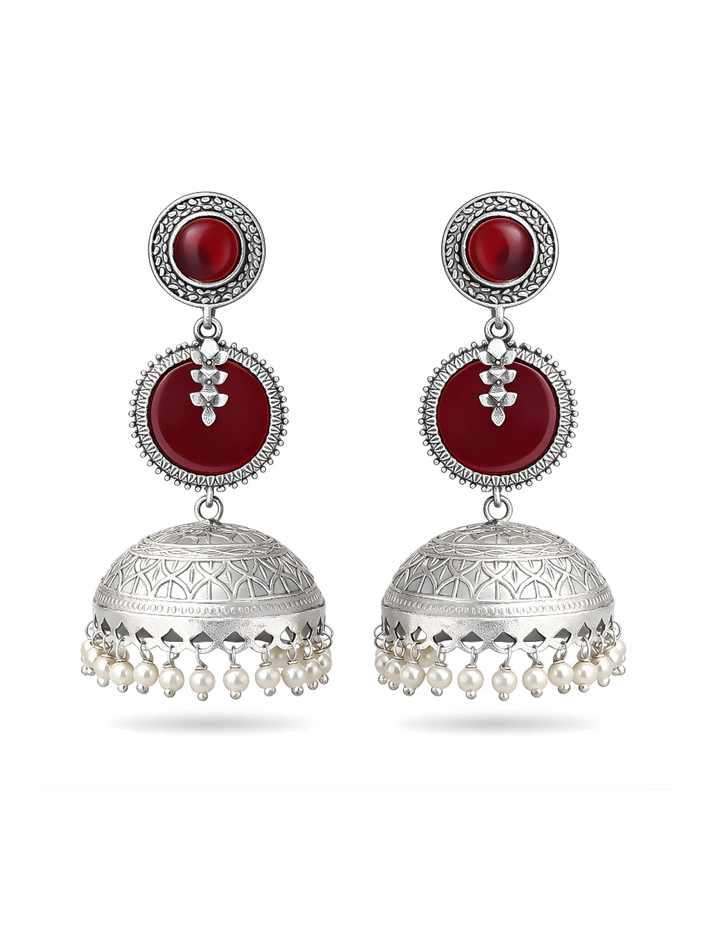 Silver Finish Ruby Red Leaf Disc Jhumki Earrings