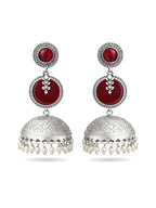 Silver Finish Ruby Red Leaf Disc Jhumki Earrings