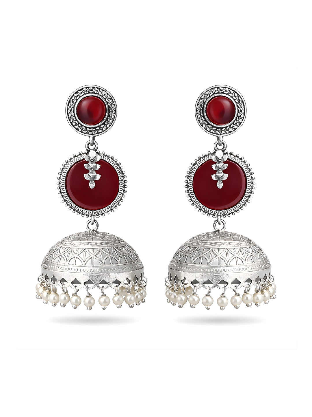 Silver Finish Ruby Red Leaf Disc Jhumki Earrings