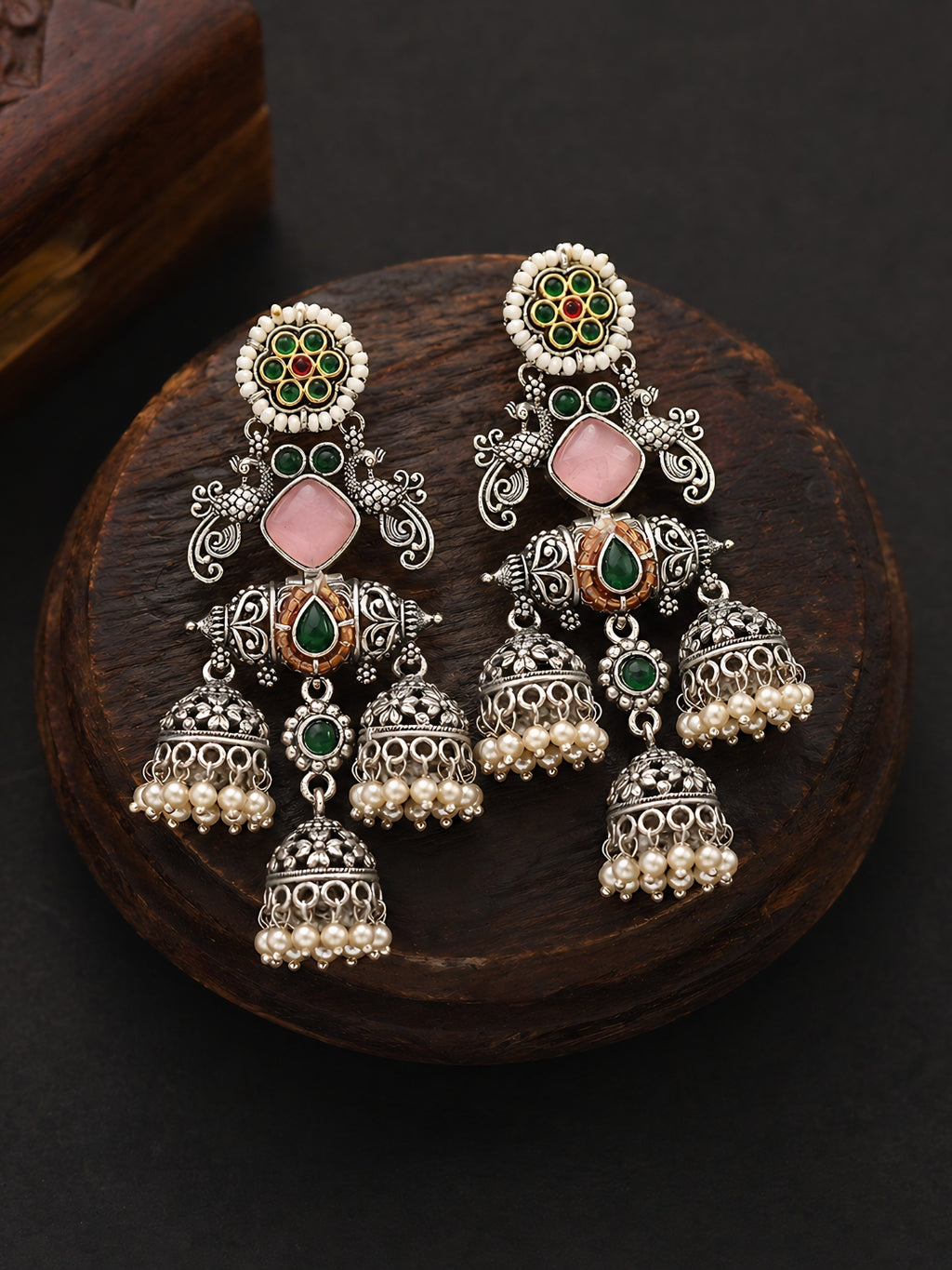 Floral Pink Green Silver Tone Jhumki Earrings