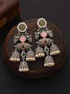 Floral Pink Green Silver Tone Jhumki Earrings