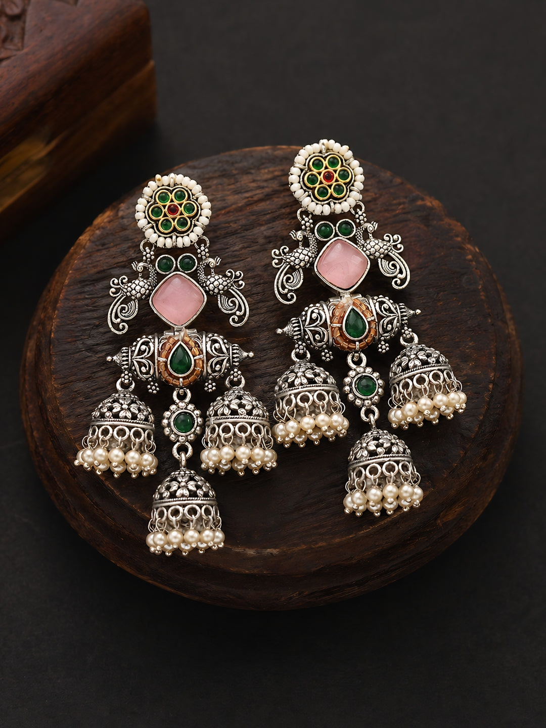 Floral Pink Green Silver Tone Jhumki Earrings