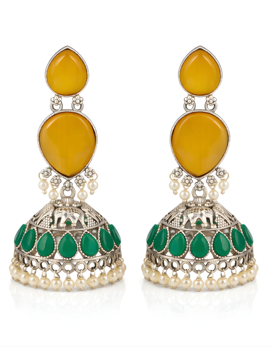 Silver Finish Green Stone Elephant Jhumki