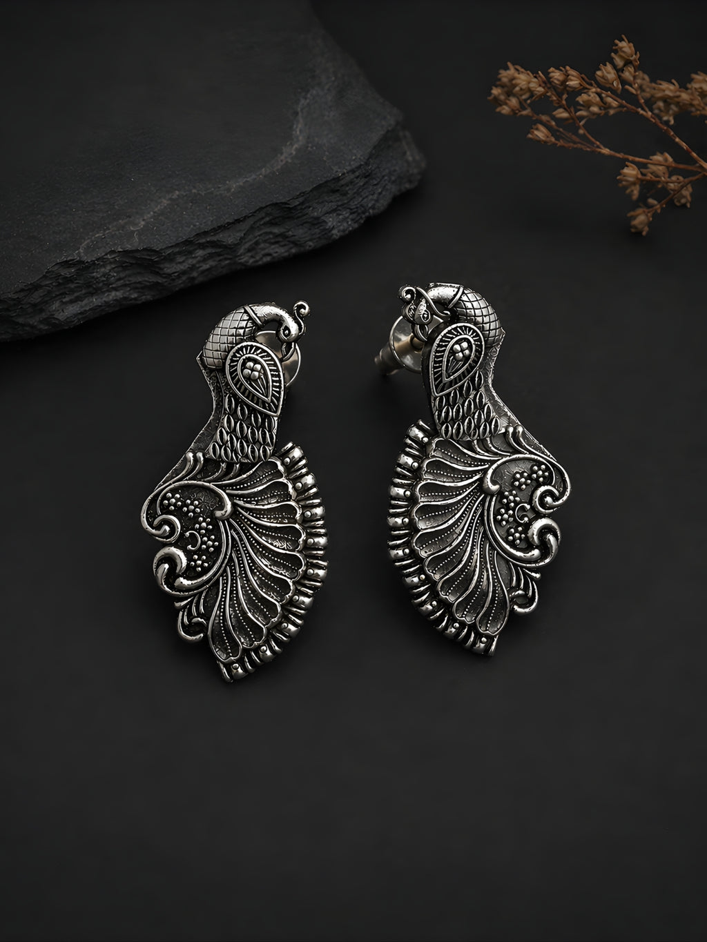 Silver tone finish Peacock Stud Earrings