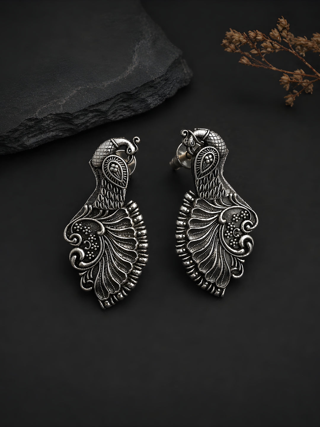Silver tone finish Peacock Stud Earrings