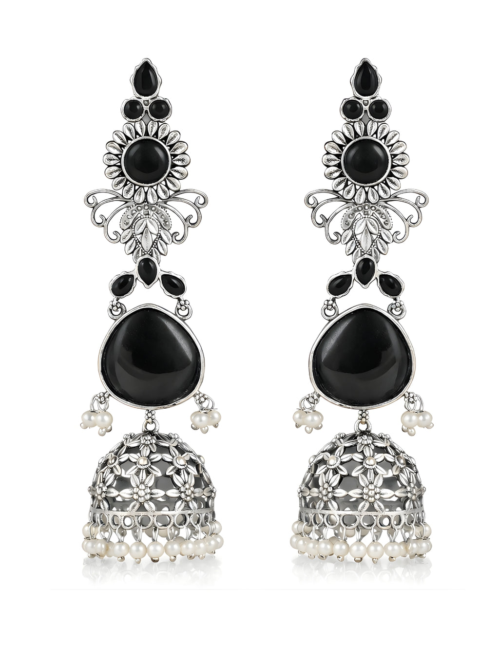 Silver tone finish Black Stone Layered Jhumki Dangler