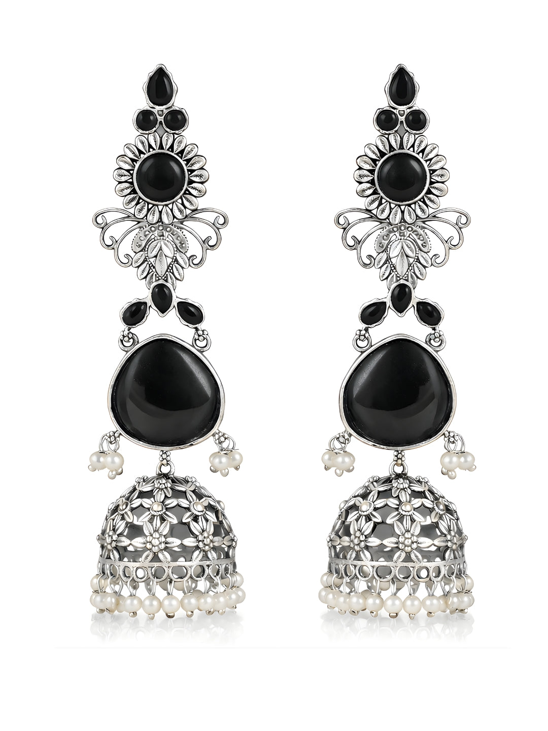 Silver tone finish Black Stone Layered Jhumki Dangler