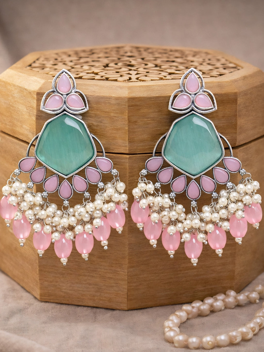 Pink & Turquoise Chandelier Earrings Silver Finish