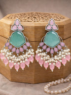 Pink & Turquoise Chandelier Earrings Silver Finish