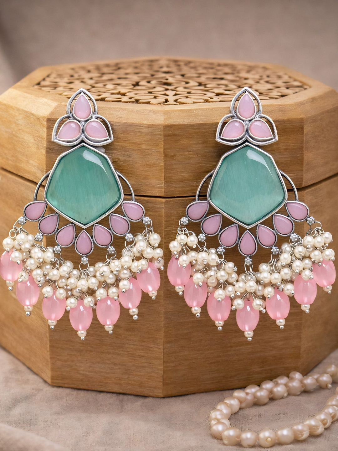 Pink & Turquoise Chandelier Earrings Silver Finish