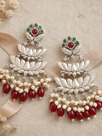 Silver Finish Lotus Pearl Red Drop Earrings