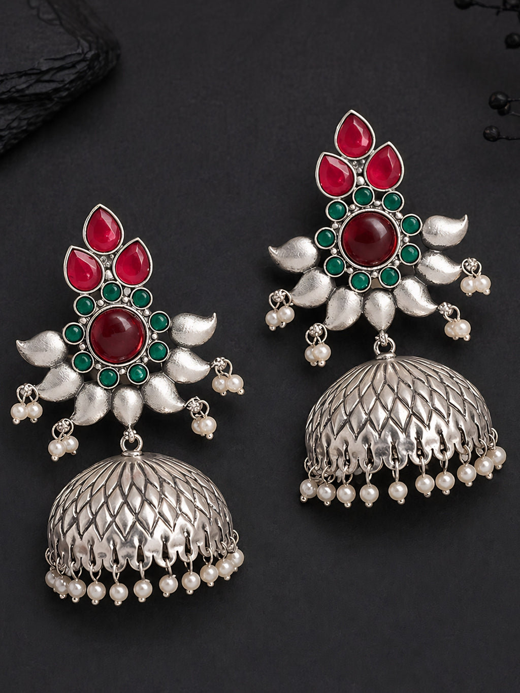 Silver-Finish Red Green Floral Jhumki Earrings