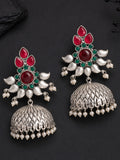 Silver-Finish Red Green Floral Jhumki Earrings