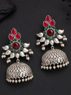 Silver-Finish Red Green Floral Jhumki Earrings