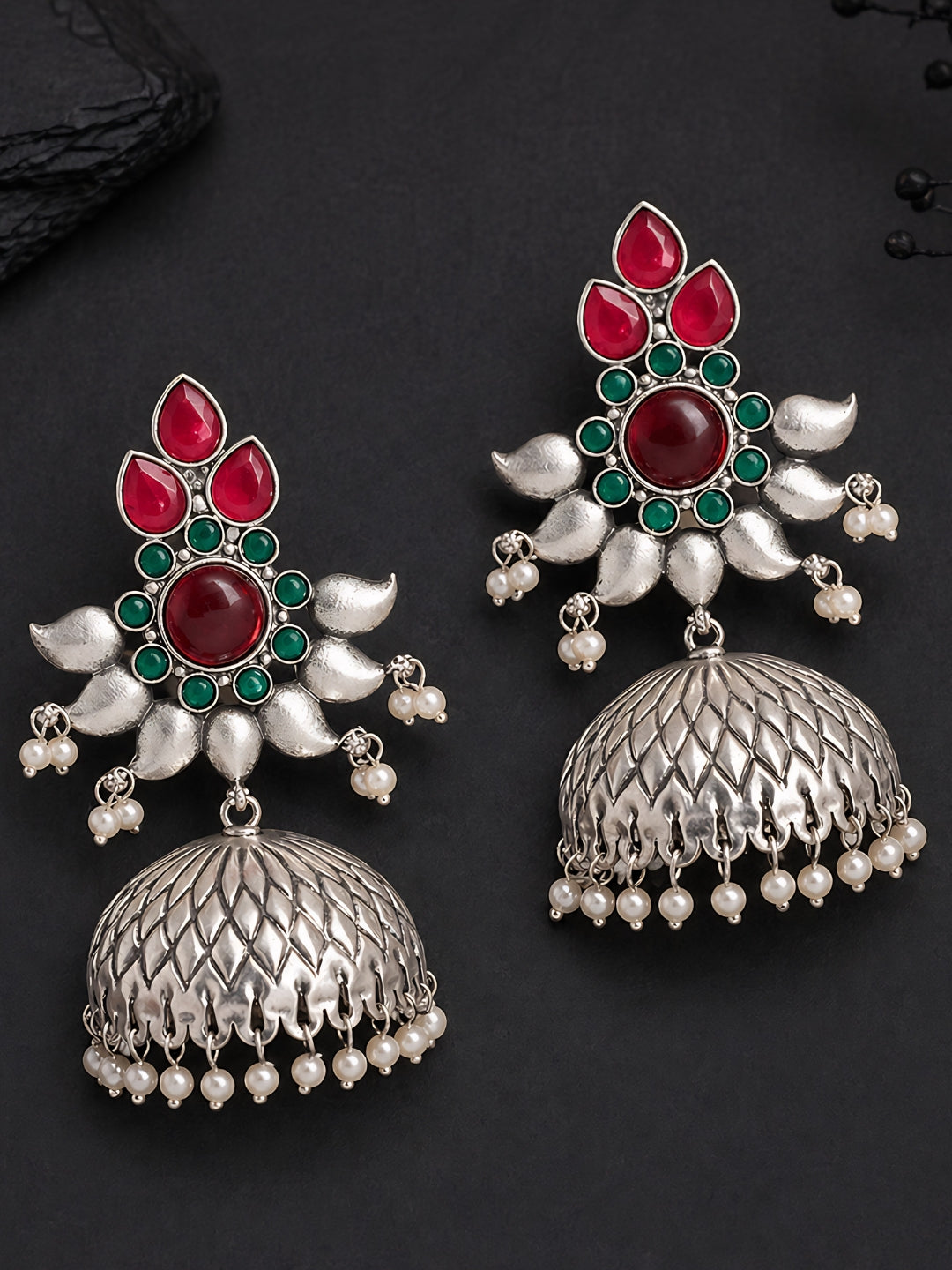 Silver-Finish Red Green Floral Jhumki Earrings