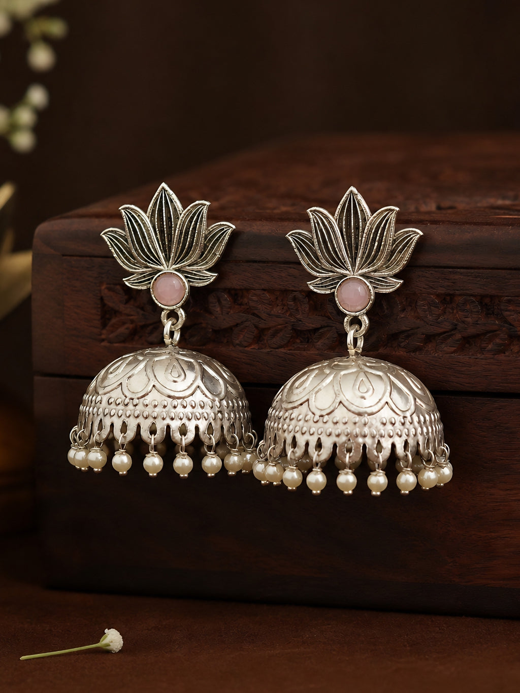 Pink Stone Lotus Silver finish Jhumki Earrings