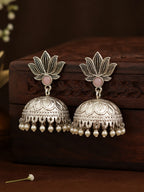 Pink Stone Lotus Silver finish Jhumki Earrings