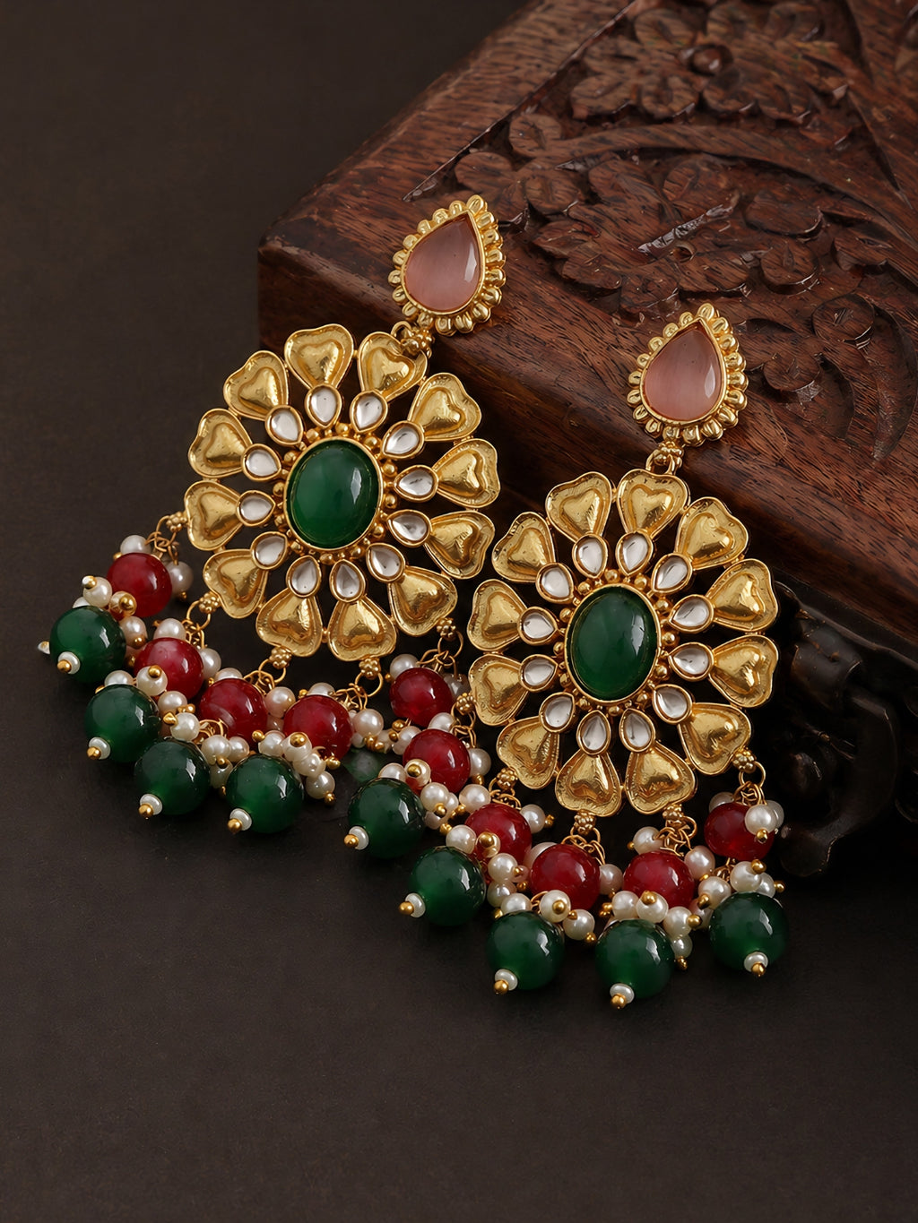 Gold Finish Green Red Floral Dangler Earrings
