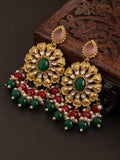 Gold Finish Green Red Floral Dangler Earrings