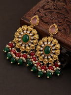 Gold Finish Green Red Floral Dangler Earrings