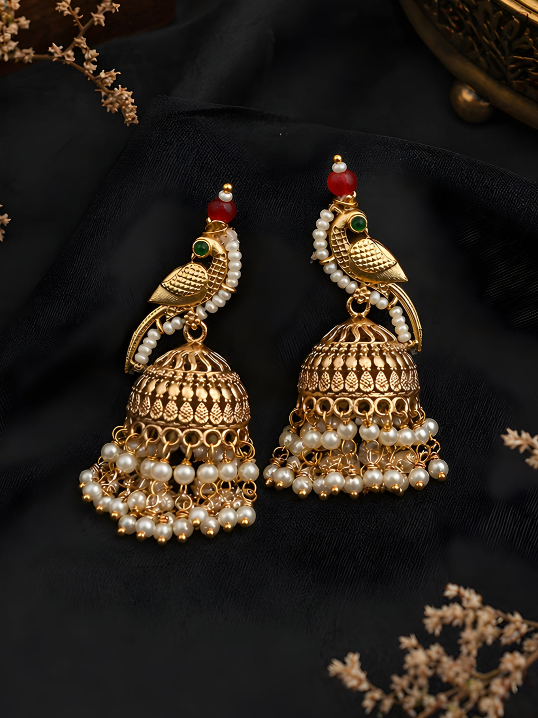 Gold Finish Parrot Jhumki Earrings Pearl Drop
