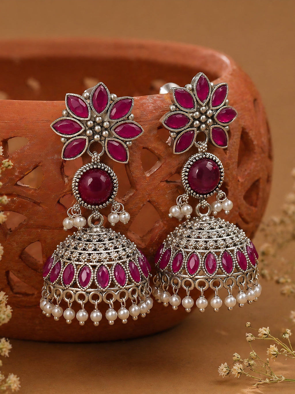 Ruby Floral Silver Finish Jhumki Earrings