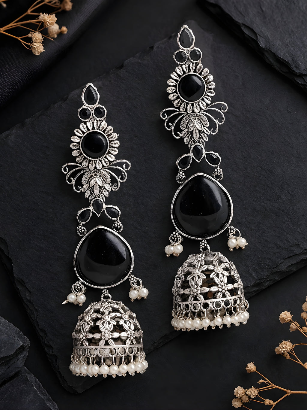 Silver tone finish Black Stone Layered Jhumki Dangler