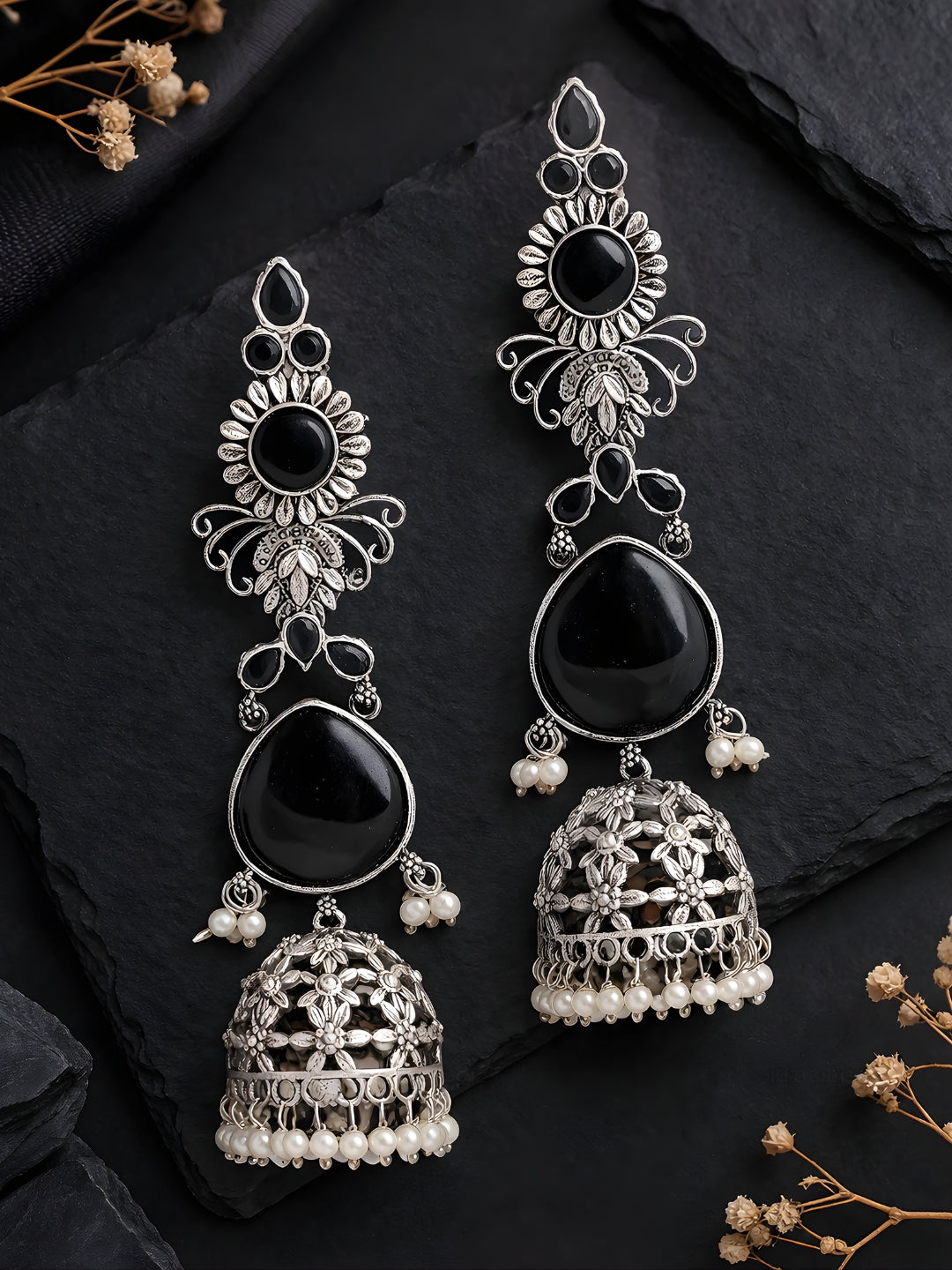 Silver tone finish Black Stone Layered Jhumki Dangler
