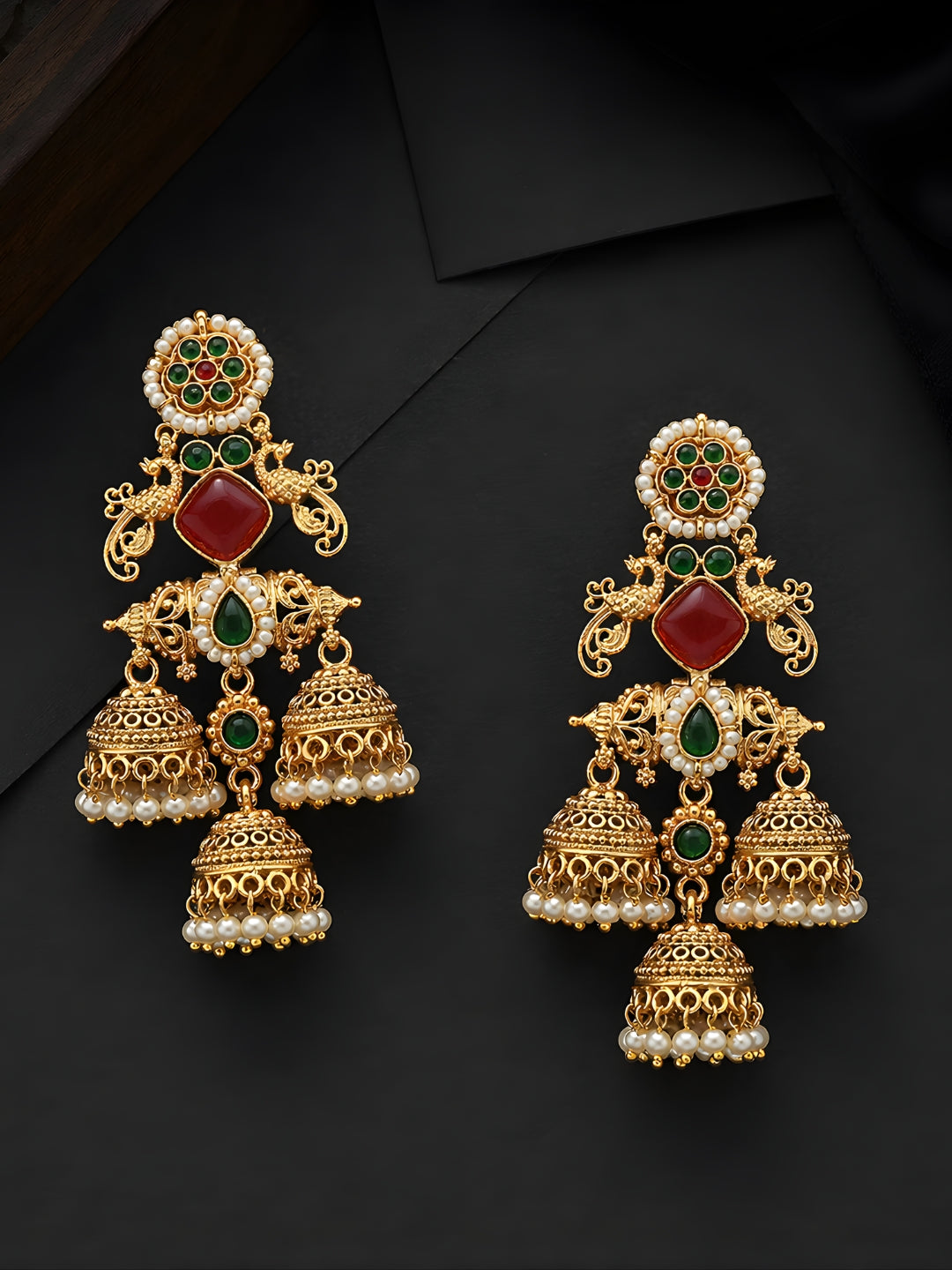 Red Green Temple Layered Jhumki Dangler
